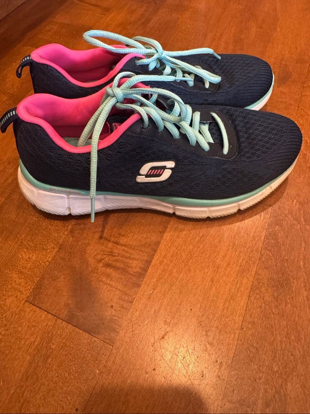 Skechers Equalizer Womens 7.5 Navy Pink Aqua Gel Top Memory Foam Sneakers 11892